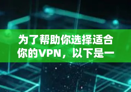为了帮助你选择适合你的VPN,以下是一个系统化的推荐过程和综合建议 为了帮助你选择适合你的VPN,以下是一个系统化的推荐过程和综合建议